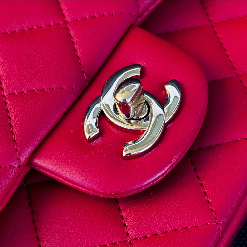 ❤️CHANEL❤️Mini Rectangular Top Handle Red Lambskin Flap Bag LGHW - Picture 11 of 14